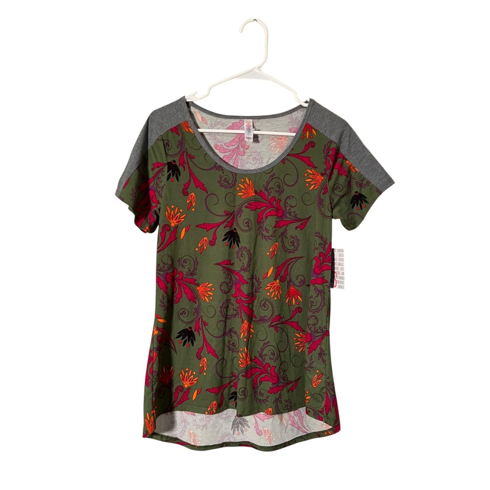 LulaRoe Women's Size Small Classic T T-Shirt Green Pink Orange Damask Floral